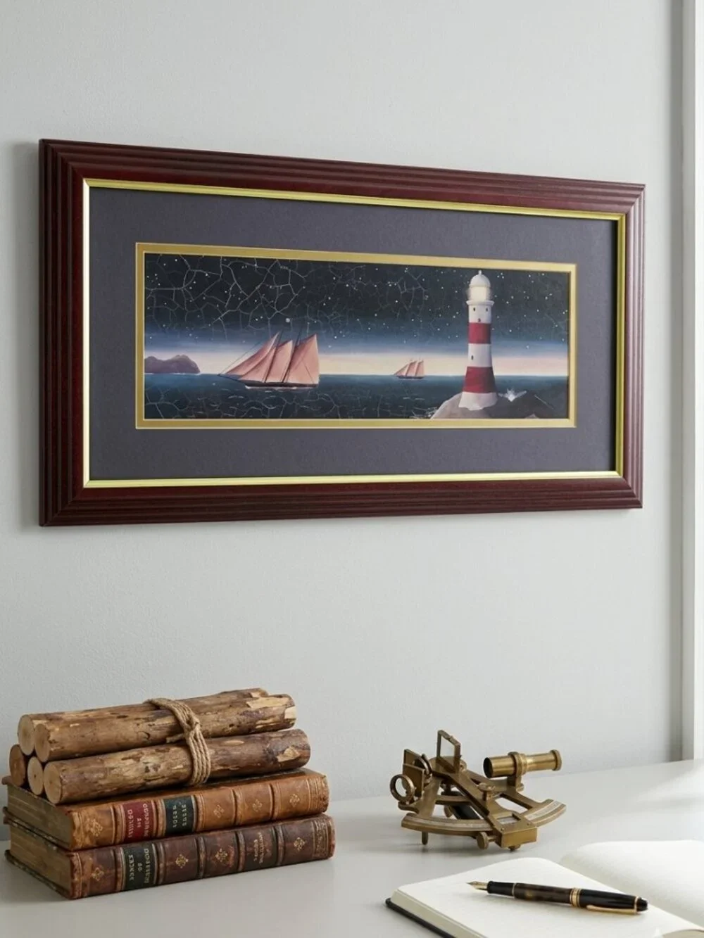 Nautical Lighthouse & Sailboat Framed Art Faux Crackle Coastal Decor MCM